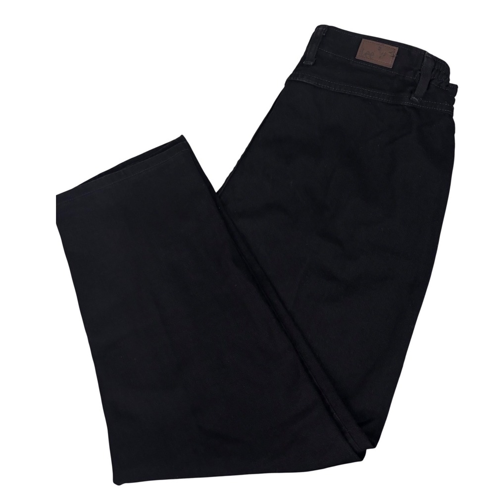Lee Pants Womens 16 Petite Black Denim Side Elastic Waist High Rise Tapered Leg